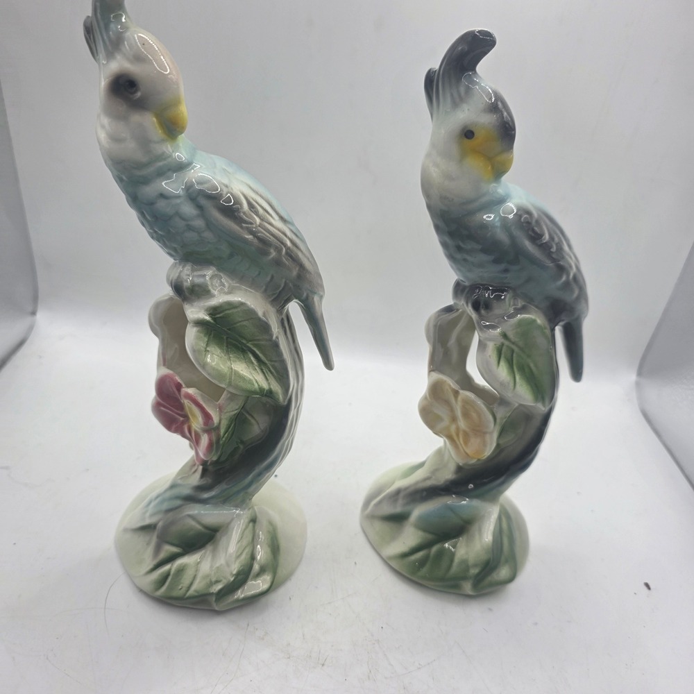Clay Sketches Pasadena California Pair Cockatiel Parrot Bird Figurine Bud Vases